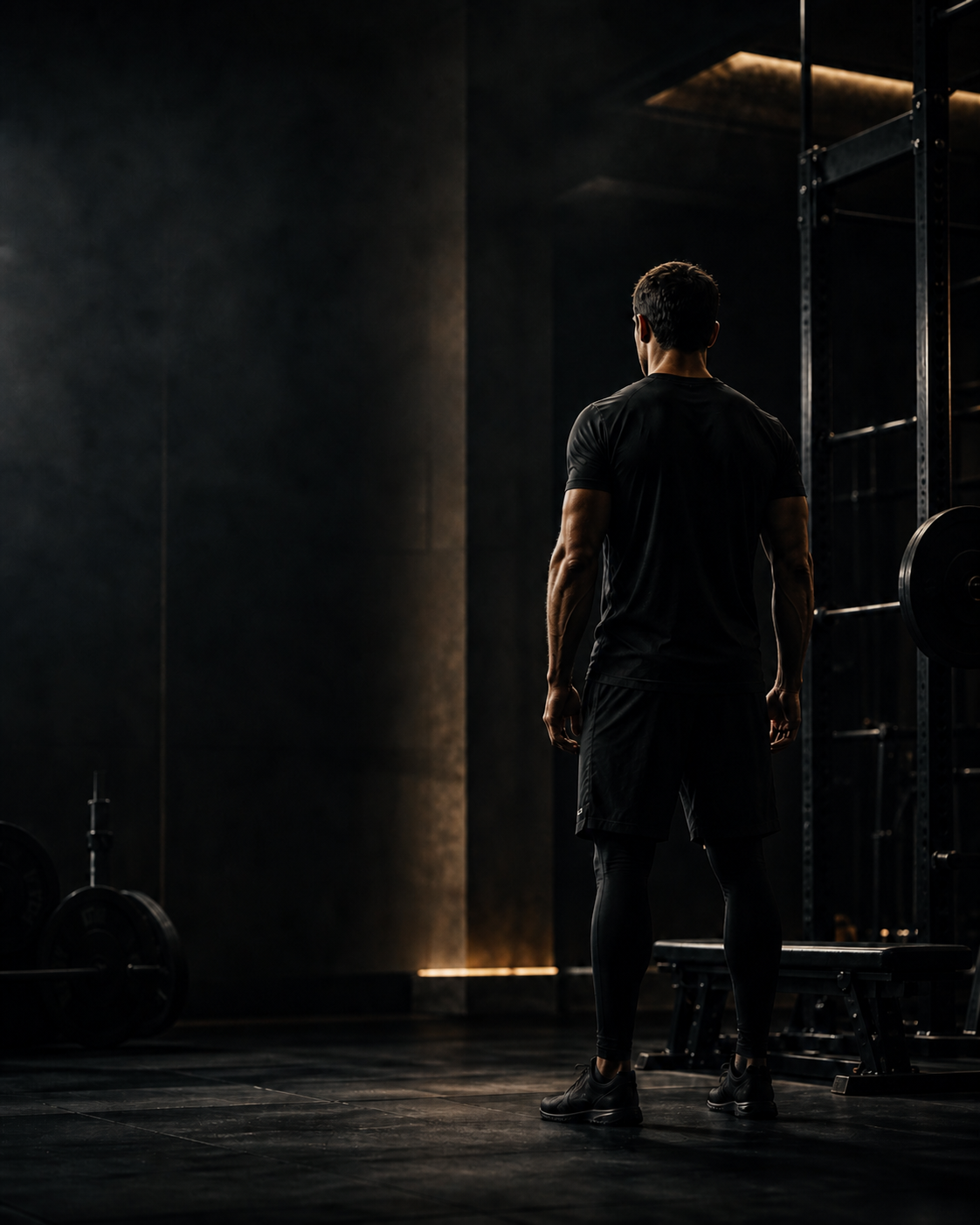 Lifter standing before a loaded barbell in a dim gym